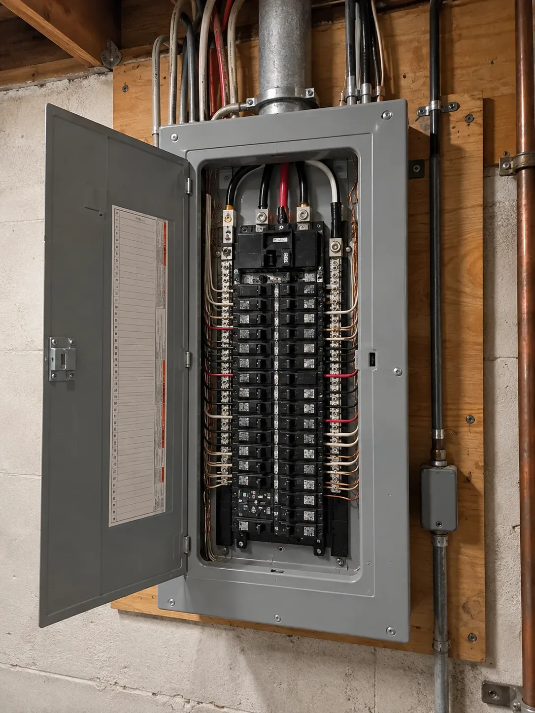 Electrical breaker panel with circuit breakers visible